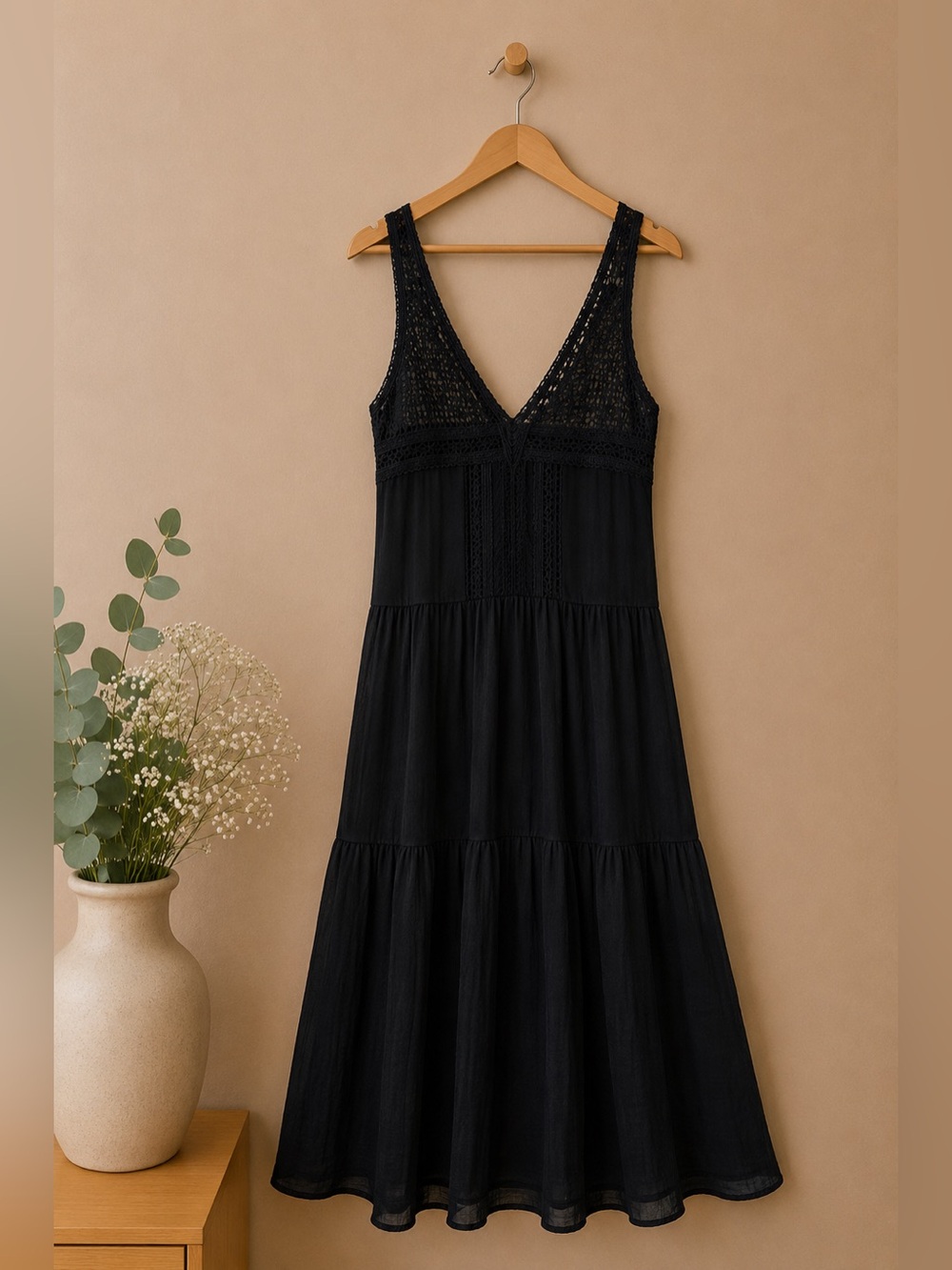 Black Wimsigoth Lace Bod Tiered Lace Pleated Knee Length Sleeveless Dress M Boho